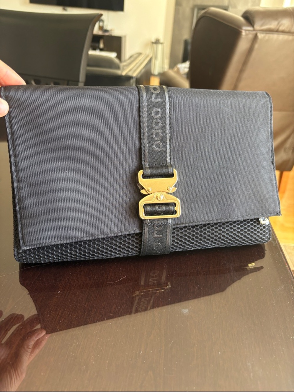Paco Rabanne Black Nylon/mesh Clutch travel pouch with Gold Buckle